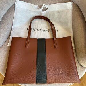 Vince Camuto Luck Brown with Black Stripe Pebbled Vegan Leather Tote Bag.